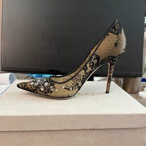 Jimmy Choo Black Lace and Mesh Crystal Pump Size 40